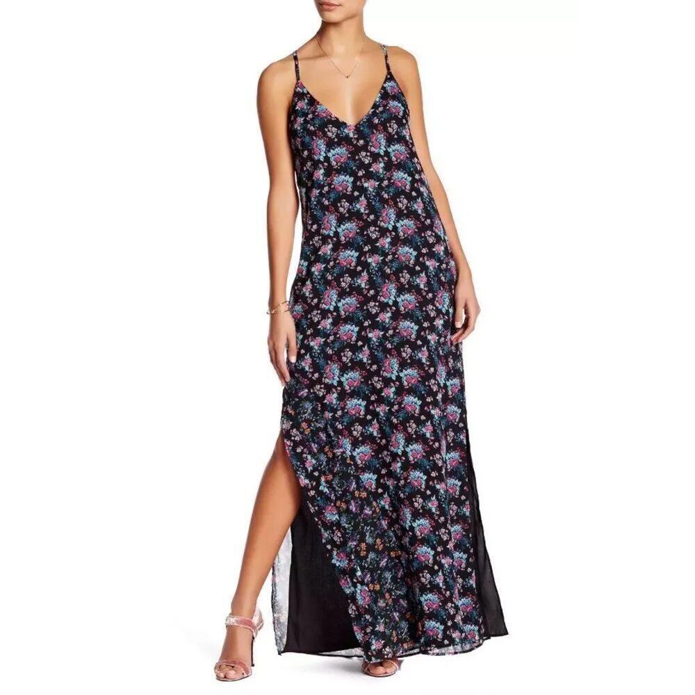 NWT WALTER BAKER Black Blue Pink Floral Print V-Neck Side Slit Maxi Dress Size 4